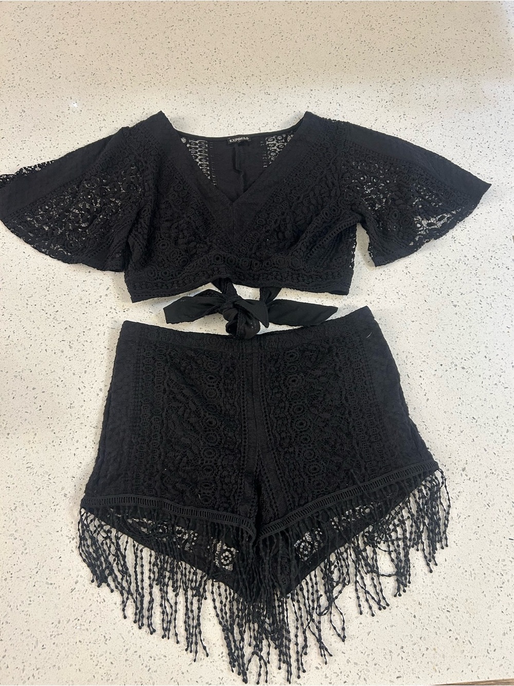 Express: Black Crochet Fringe Two-Piece Tie-Front Set